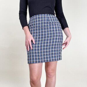 Vintage Linen Plaid High Rise Waisted Mini Skirt Pencil Preppy Light Academia